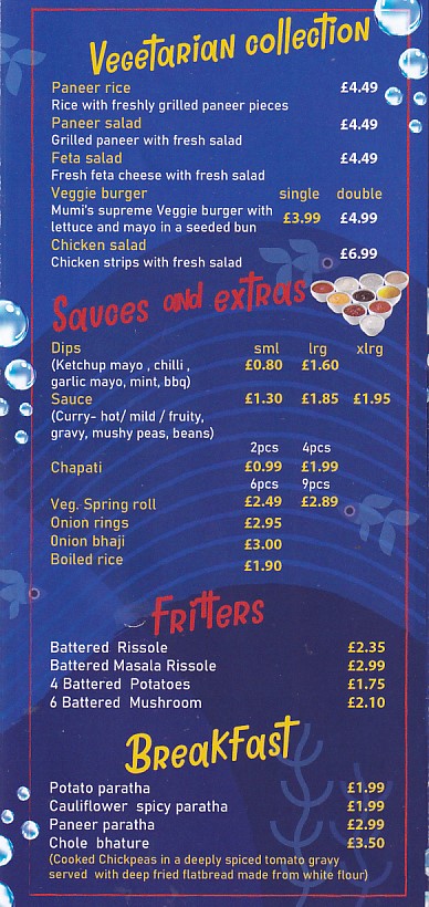 Menu of Mumis fish chips Neath